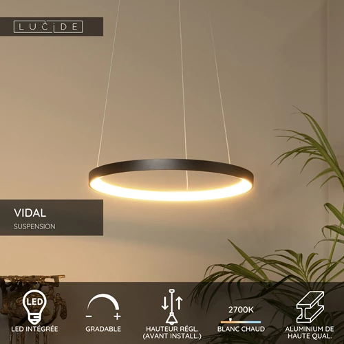 Lucide VIDAL - Suspension - Ø 58 cm - LED Dim. - 1x48W 2700K - Noir - USP